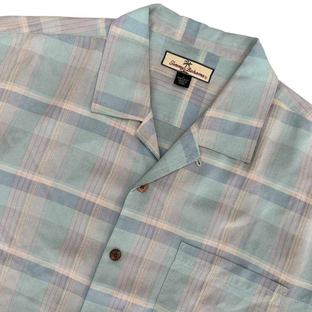 Tommy Bahama Large Silk Camp Shirt Blue Plaid Pineapple Embroidered Button Up
